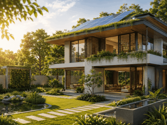 Sustainable home with bioclimatic design, solar panels and natural landscaping
