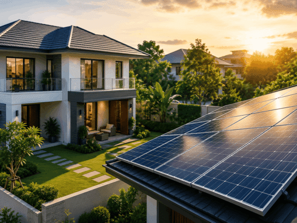 Solar-powered villa in Bangalore with rooftop solar panels and landscaped garden
