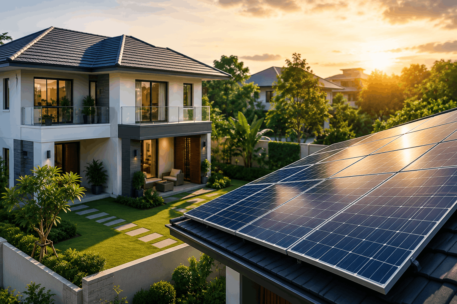 Solar-powered villa in Bangalore with rooftop solar panels and landscaped garden