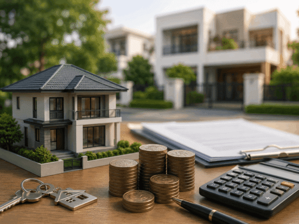 Home loan for villa purchase in Bangalore with house model, keys, documents and calculator