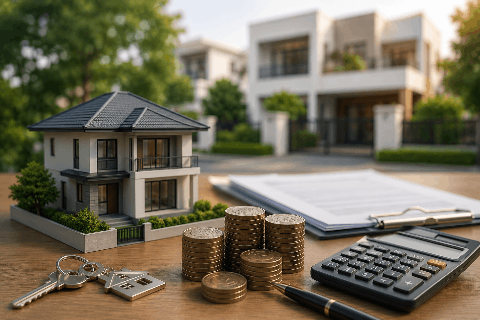 Home loan for villa purchase in Bangalore with house model, keys, documents and calculator