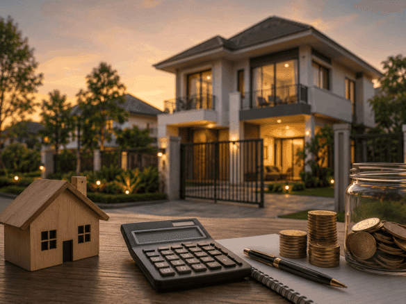 Modern Bangalore villa with calculator, coins and house model representing maintenance costs
