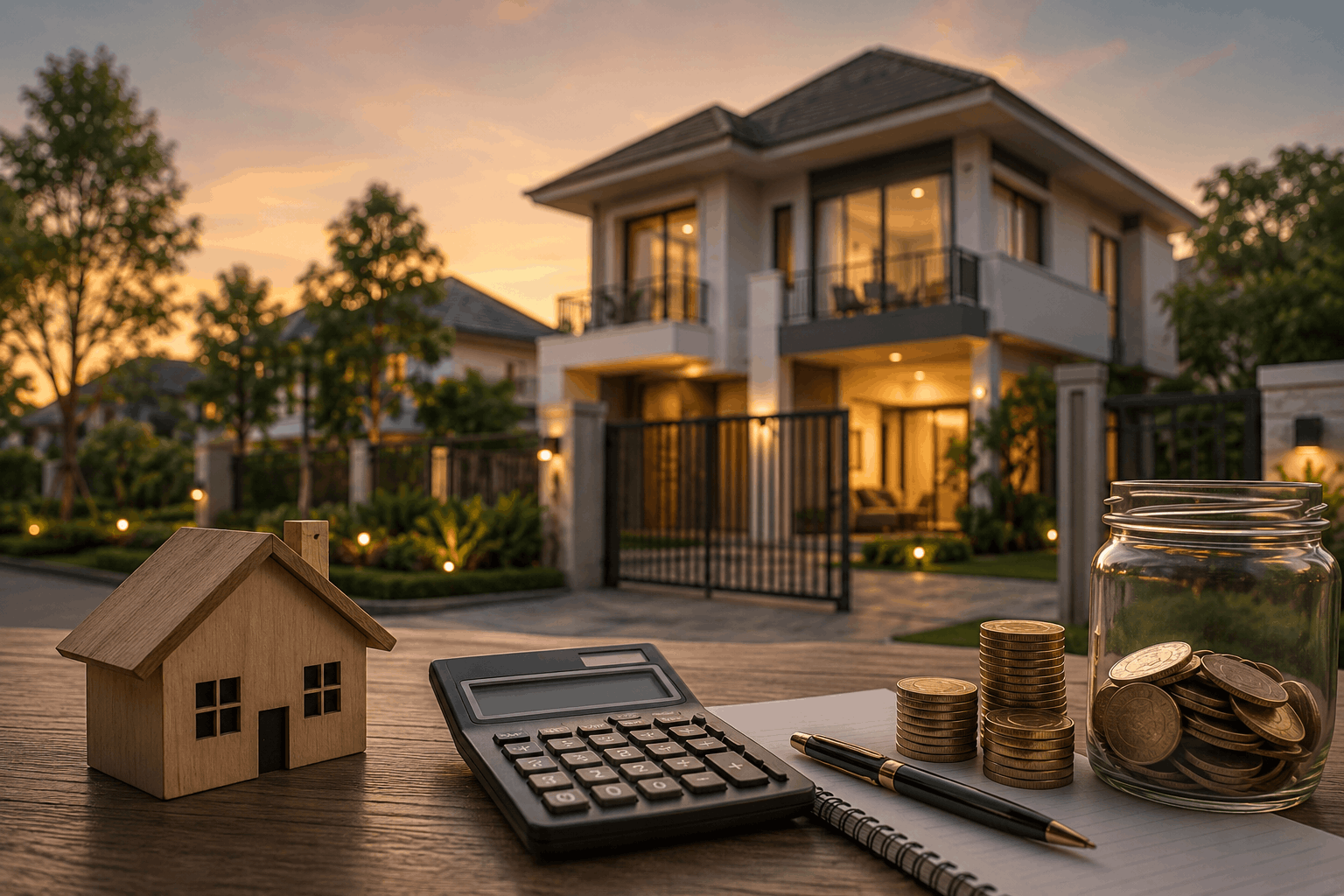 Modern Bangalore villa with calculator, coins and house model representing maintenance costs