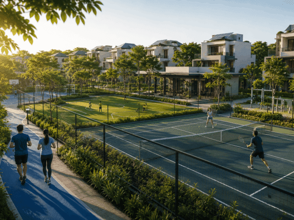 Sports-centric residential community with tennis courts, sports fields and modern villas