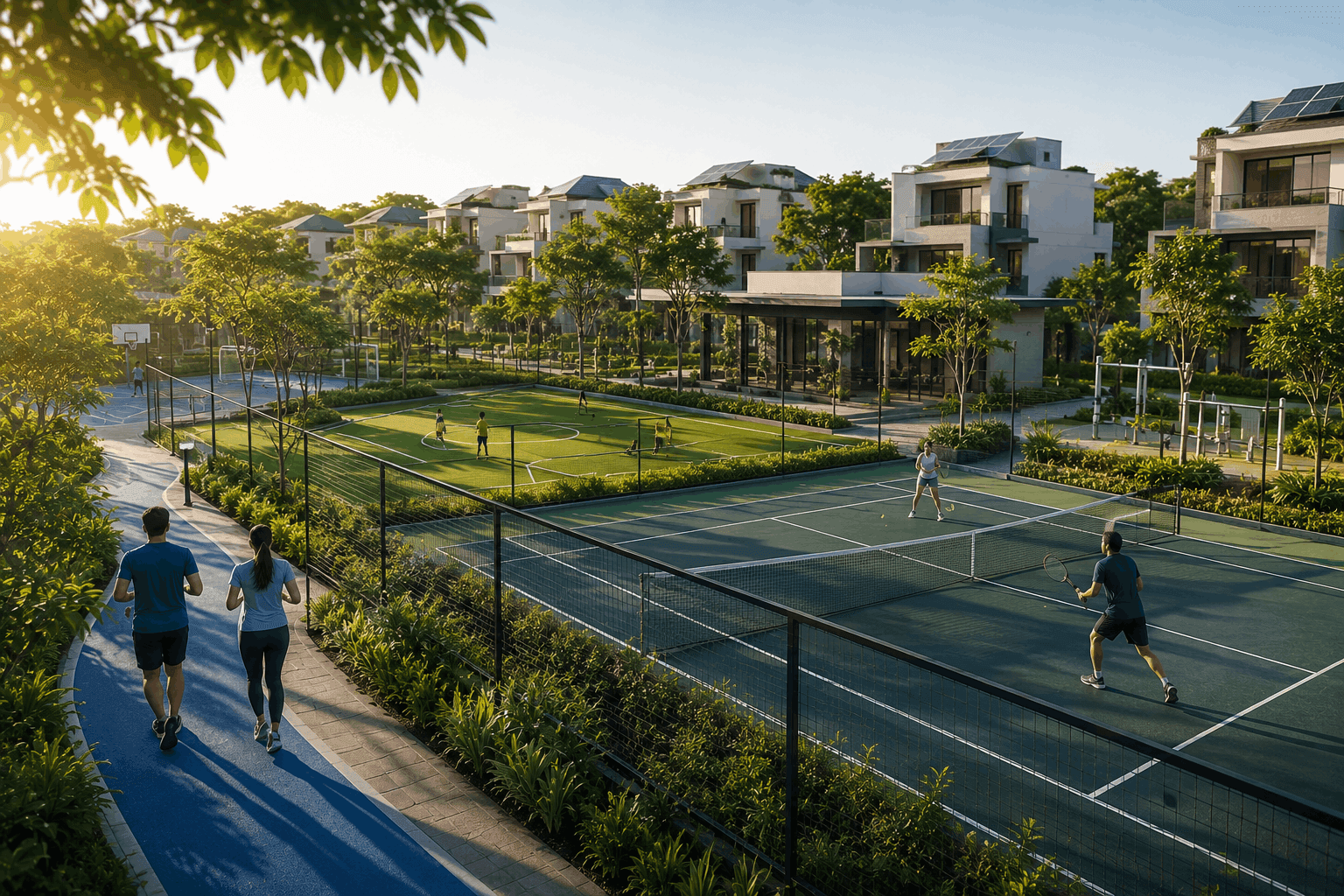 Sports-centric residential community with tennis courts, sports fields and modern villas