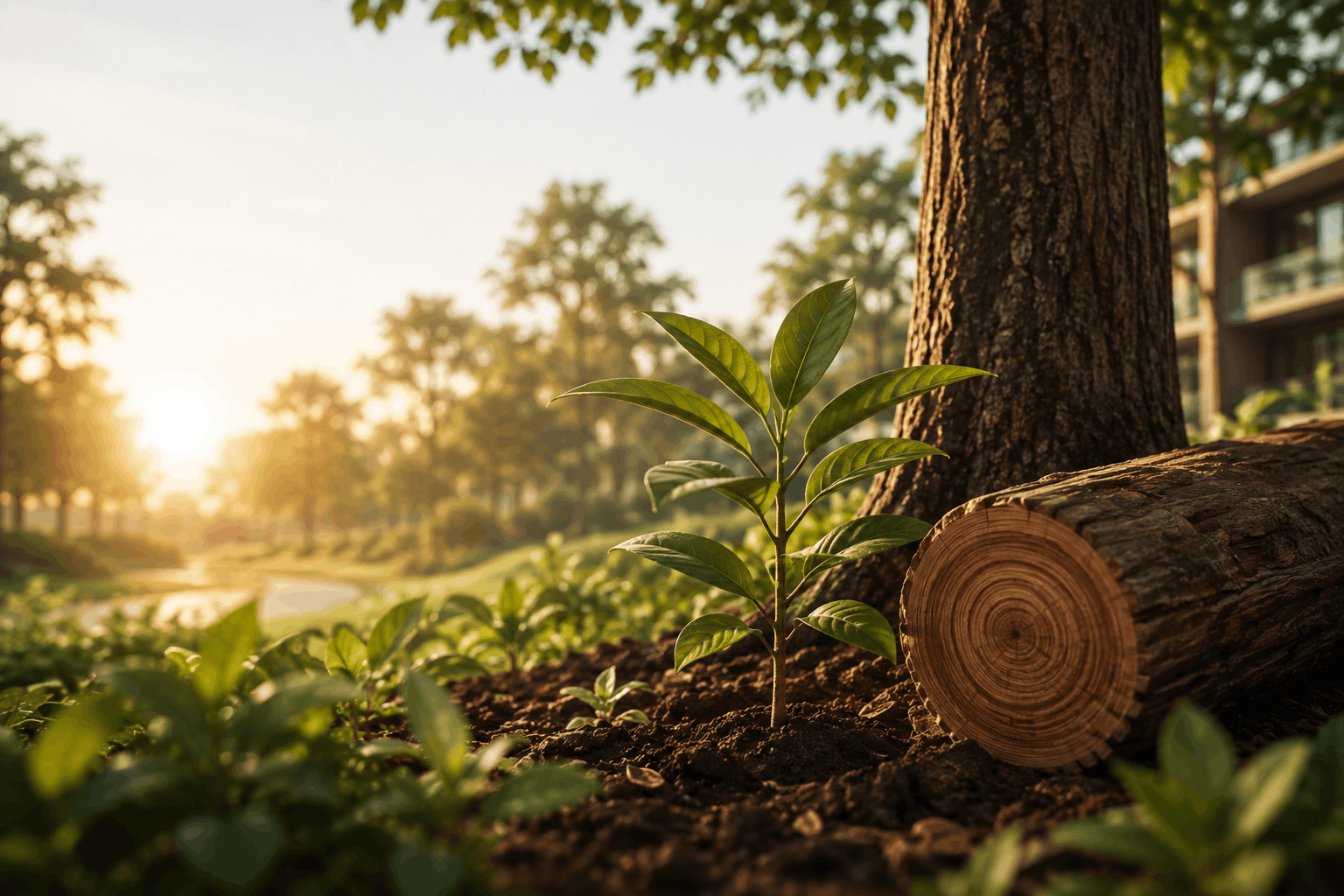 Sandalwood tree growing in a landscaped residential community at golden hour