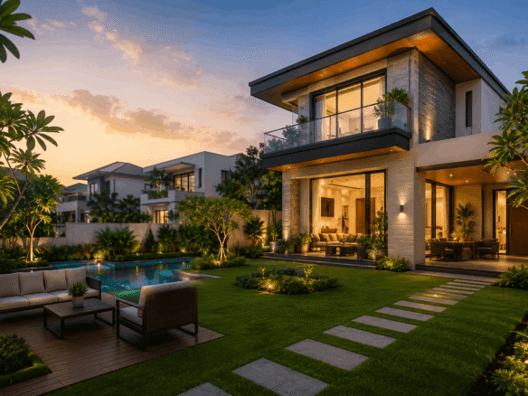 Luxury villa in Whitefield with private garden, pool and premium architecture