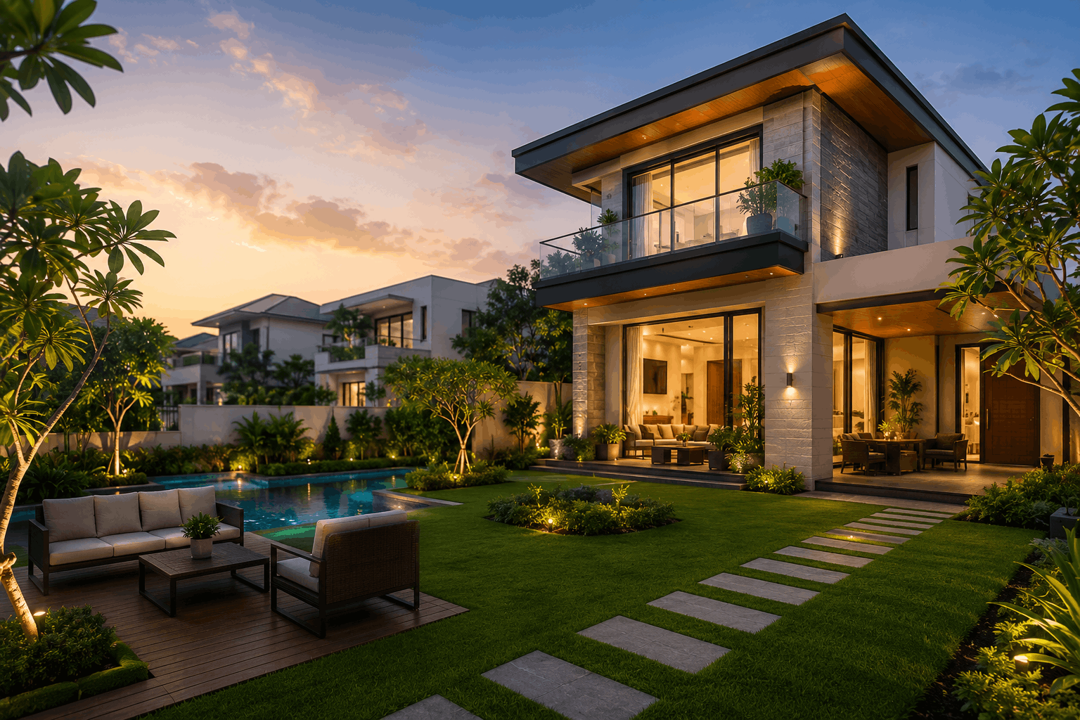 Luxury villa in Whitefield with private garden, pool and premium architecture
