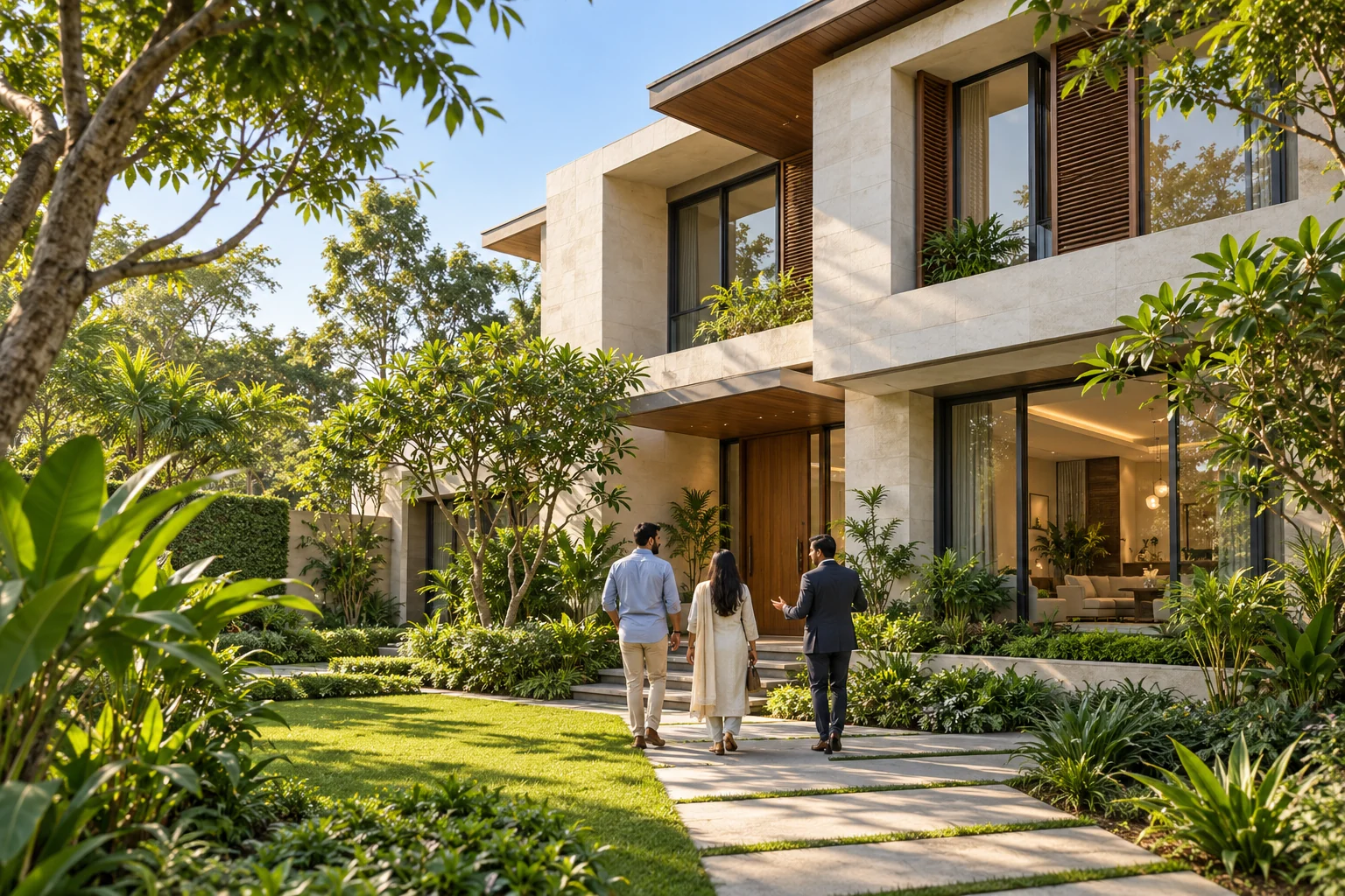 Illustrative contemporary villa and landscaped garden for a Whitefield home buyer guide