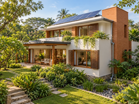 Illustrative sustainable villa with rooftop solar panels and a lush garden