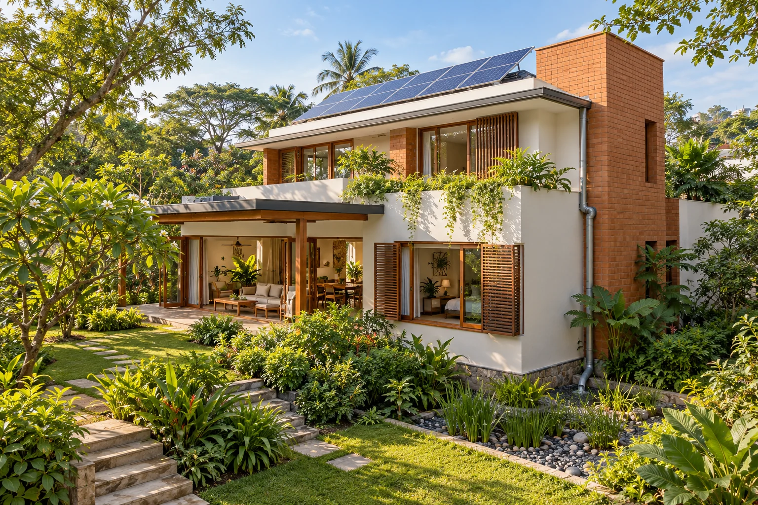 Illustrative sustainable villa with rooftop solar panels and a lush garden