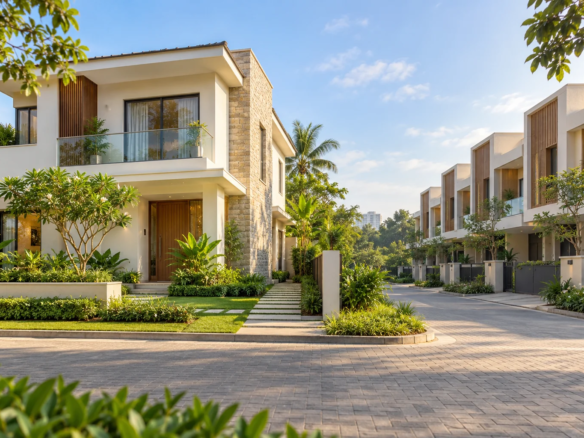 Illustration comparing a detached villa with landscaped side space and attached row villas