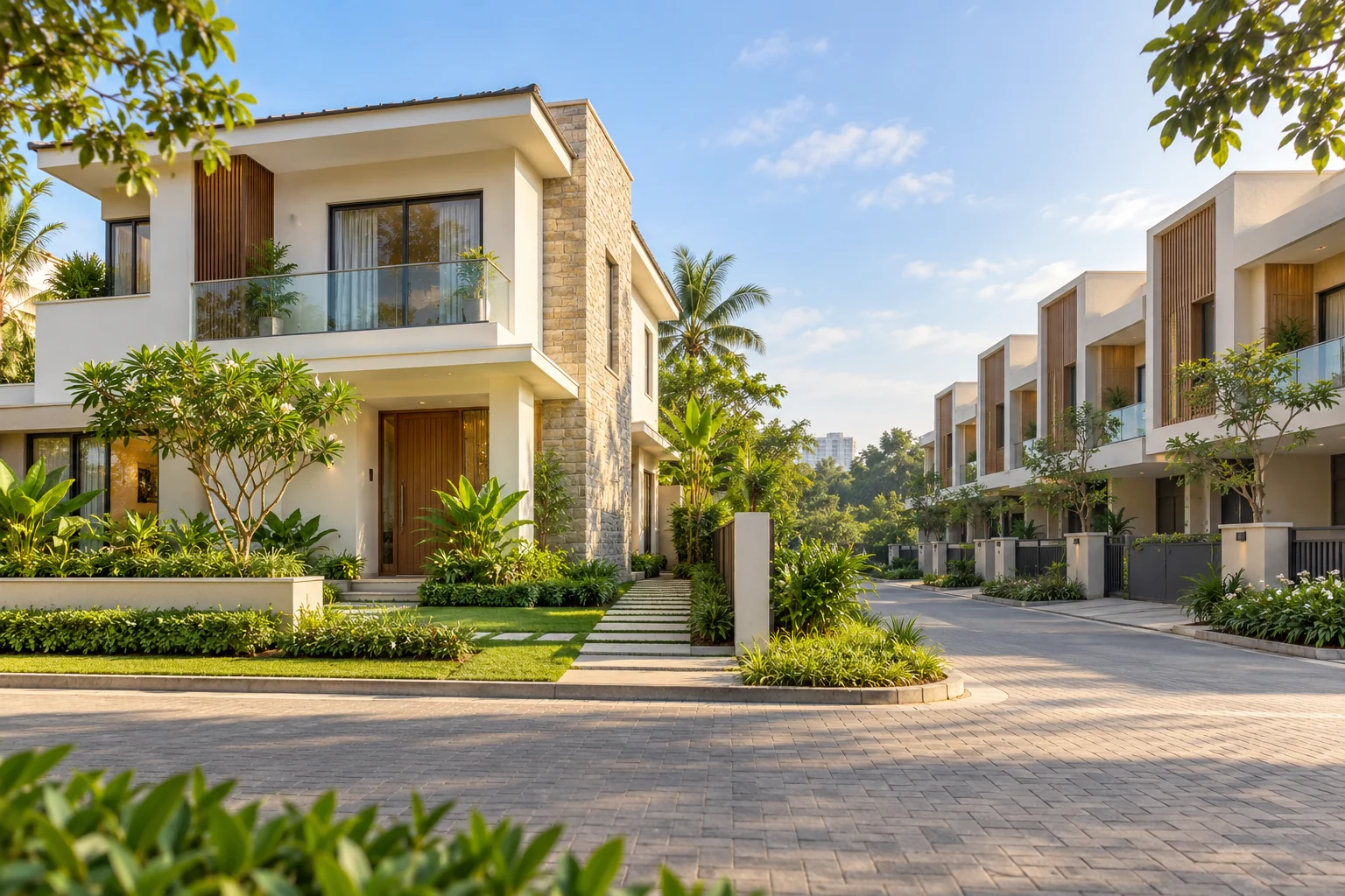 Illustration comparing a detached villa with landscaped side space and attached row villas