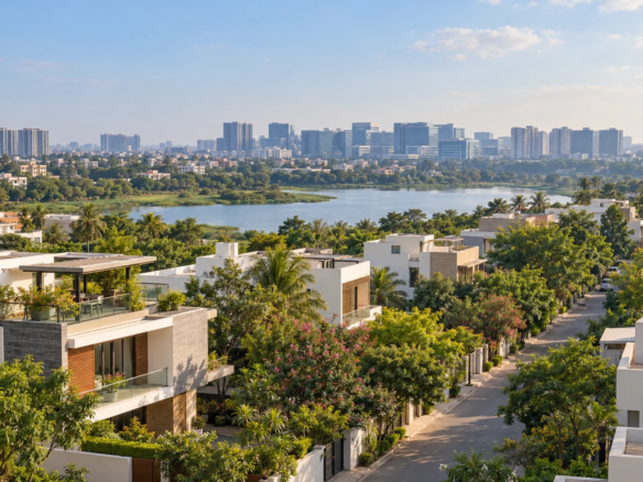 Illustrative east Bengaluru neighbourhood with villas, trees and a distant urban skyline