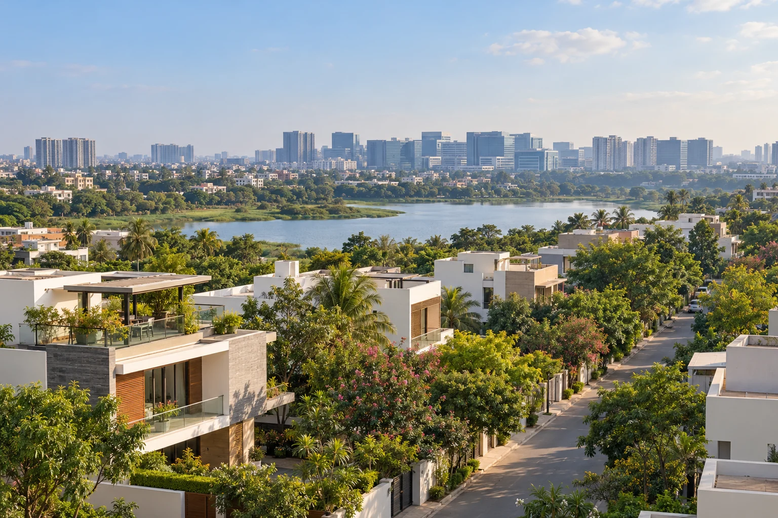 Illustrative east Bengaluru neighbourhood with villas, trees and a distant urban skyline
