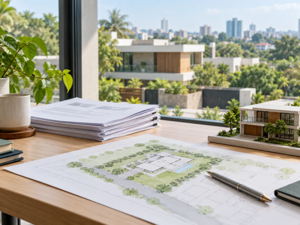 Illustrative property paperwork and architectural model for a Bengaluru villa due-diligence guide