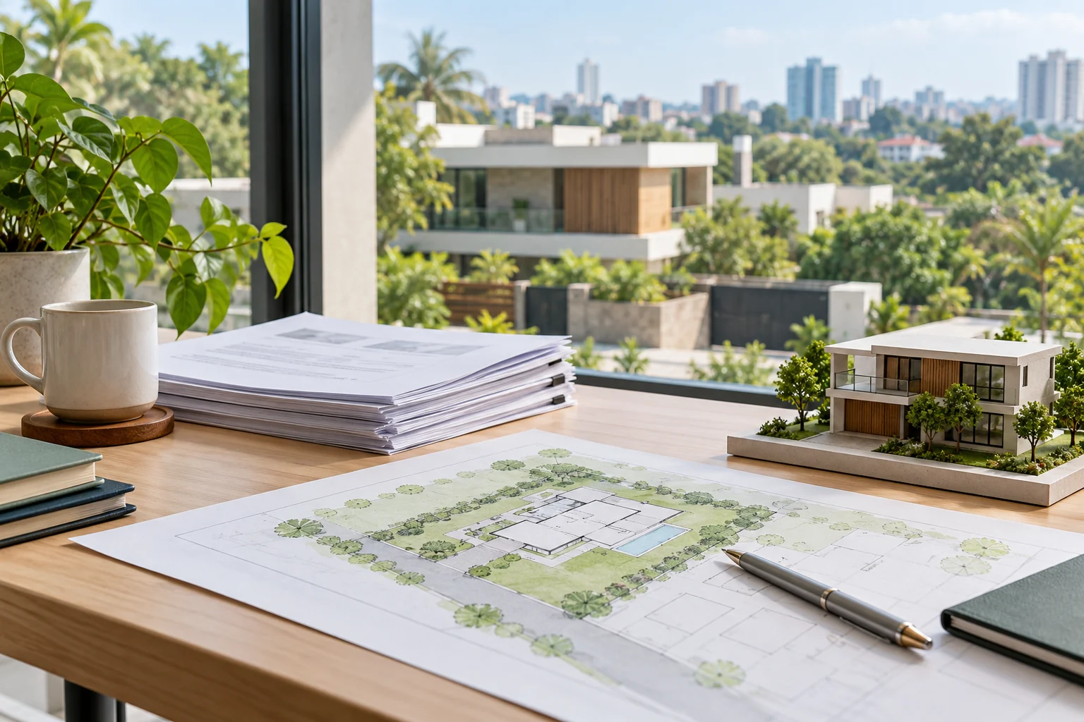 Illustrative property paperwork and architectural model for a Bengaluru villa due-diligence guide